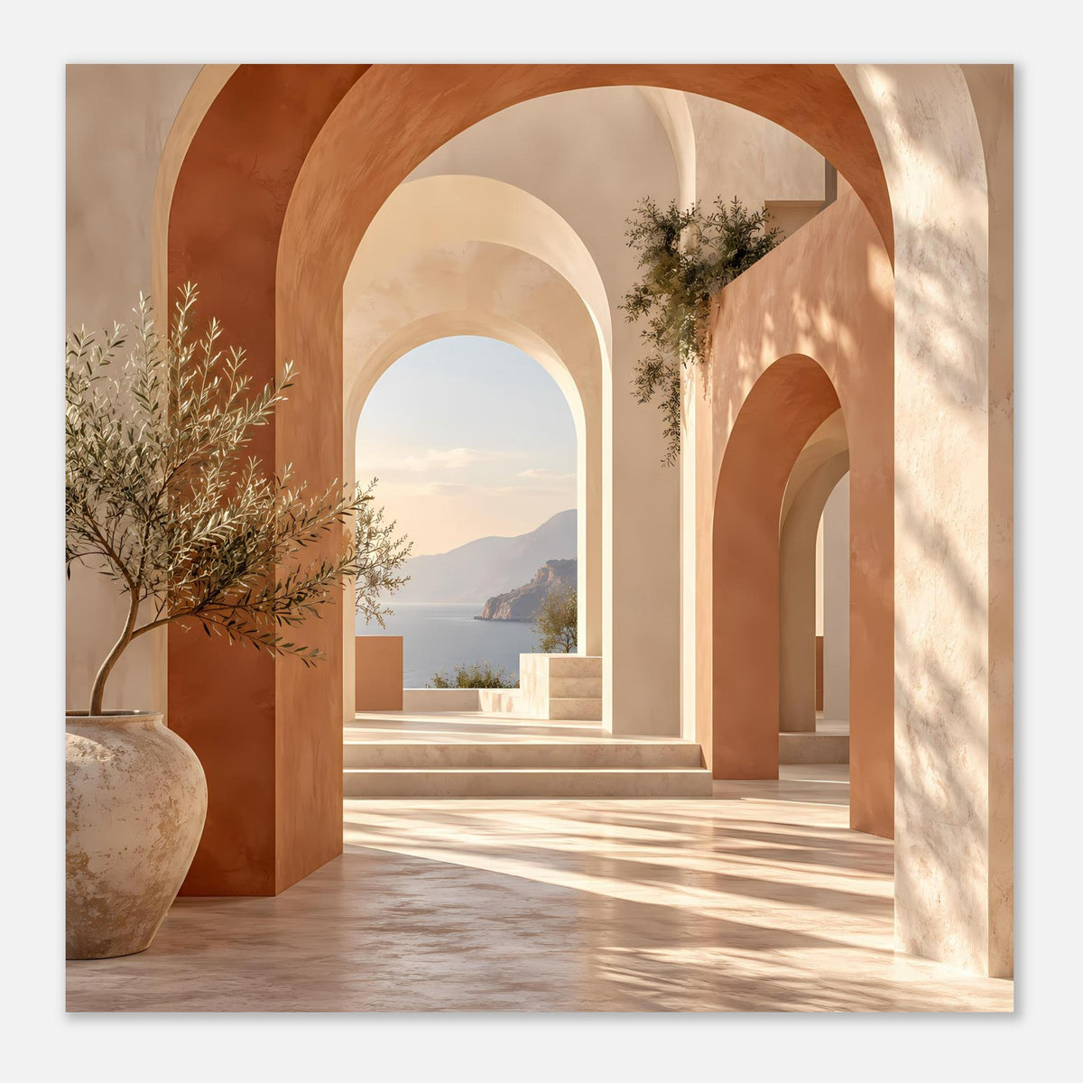 Wandposter im Querformat: mediterraner Arkadengang mit Bögen, Pflanze links und Himmelsblick