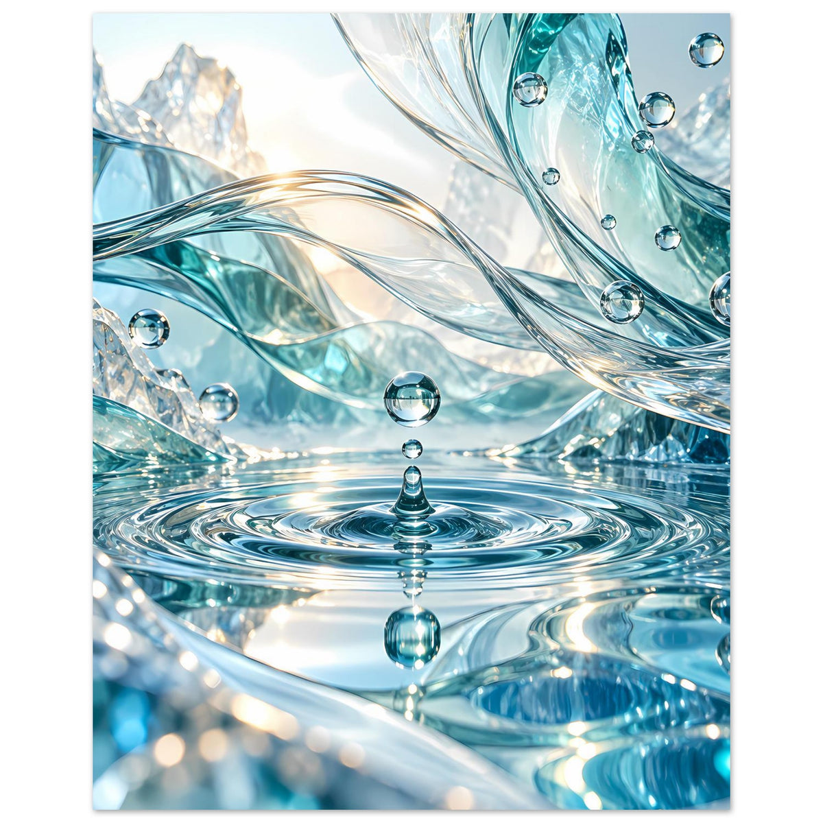 Glasartiges Wasserwelt-Poster mit Wasserwirbel, glitzernden Tropfen und türkisblauen Strömungen, vertikal