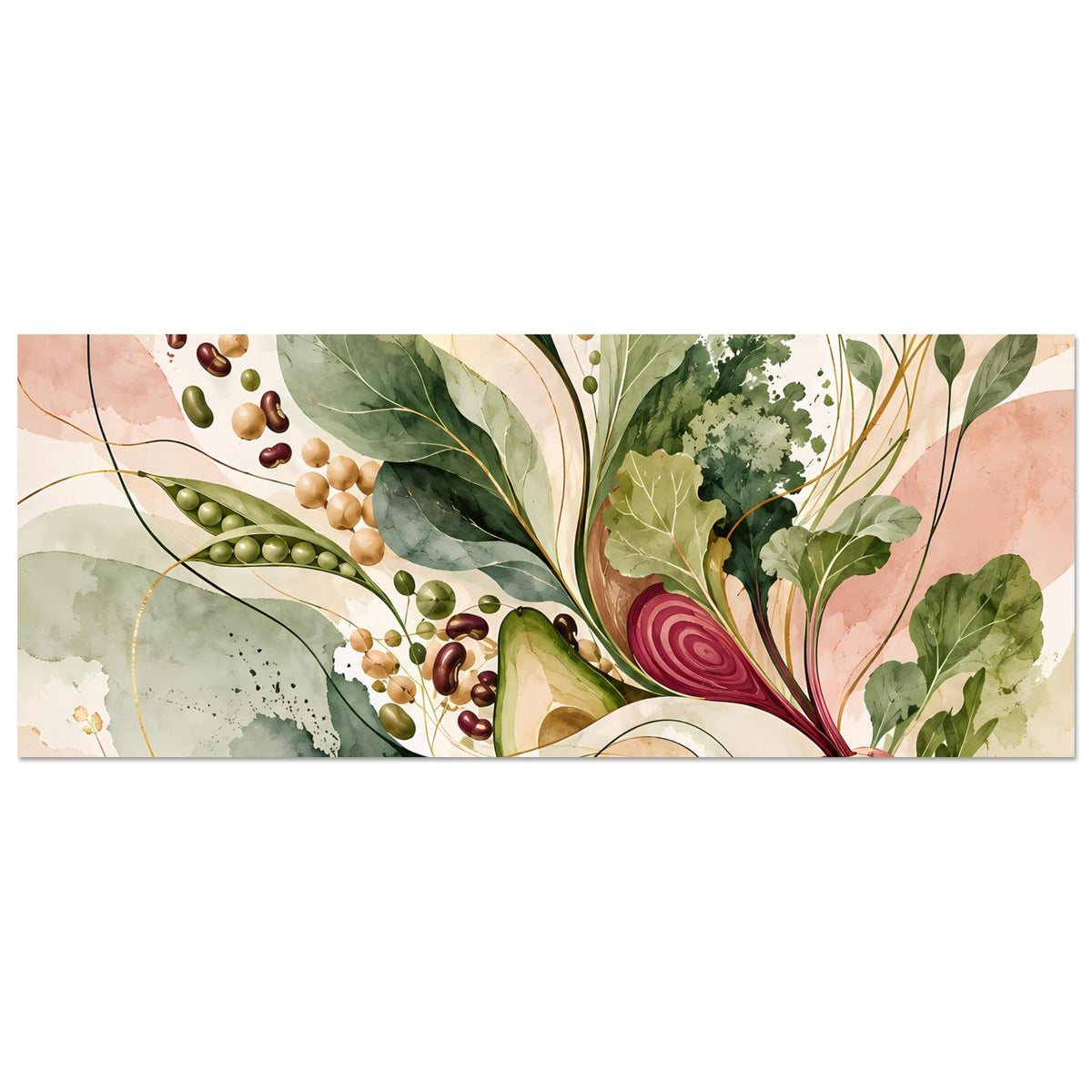 Horizontales Naturposter mit botanischen Formen, Blättern und Kreisen in Grün- und Rosetönen