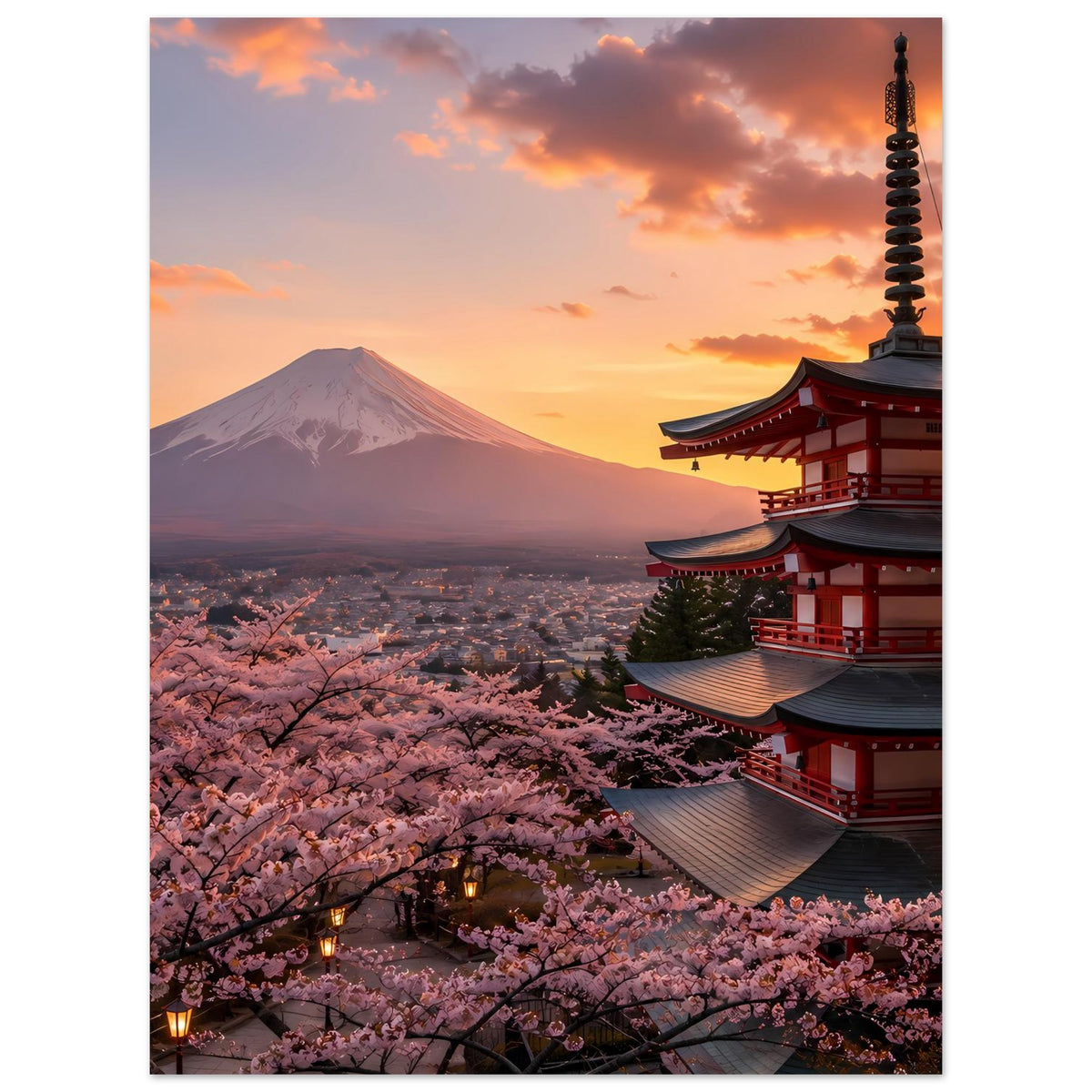 Poster mit Kirschblüten, Mount Fuji und Pagode rechts im Abendlicht