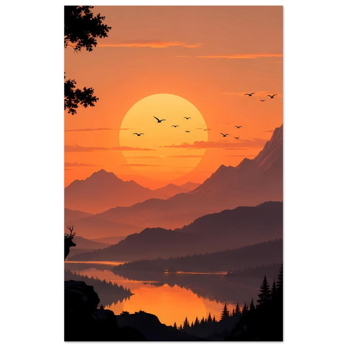 Poster: goldene Sonne über Gebirge und See, dezente Nebelsilhouetten, Tannen und fliegende Vögel.