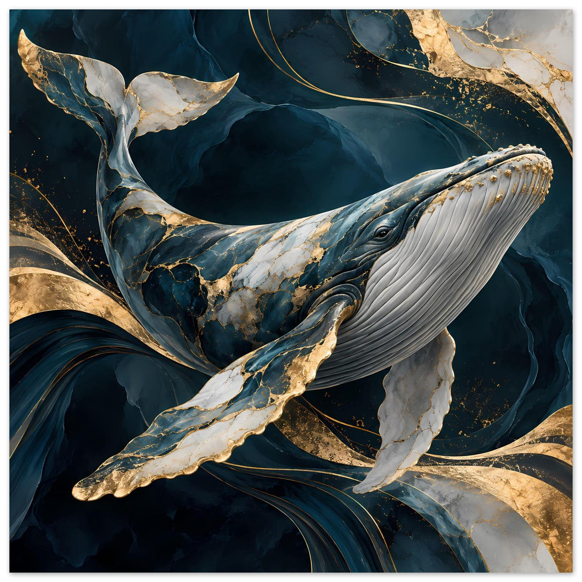 Walfisch-Poster: großes Walmotiv mit blauem Wasser, goldene Akzente und helle Schattierungen