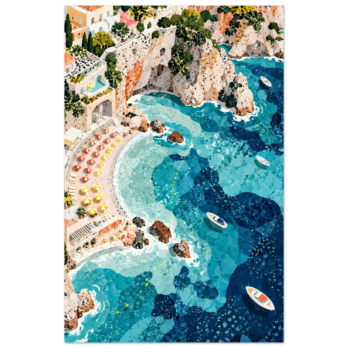 Mediterrane Küstenlandschaft mit Villen, sonnigen Felsklippen und türkisblauem Meer in Mosaikoptik – Posteransicht 2