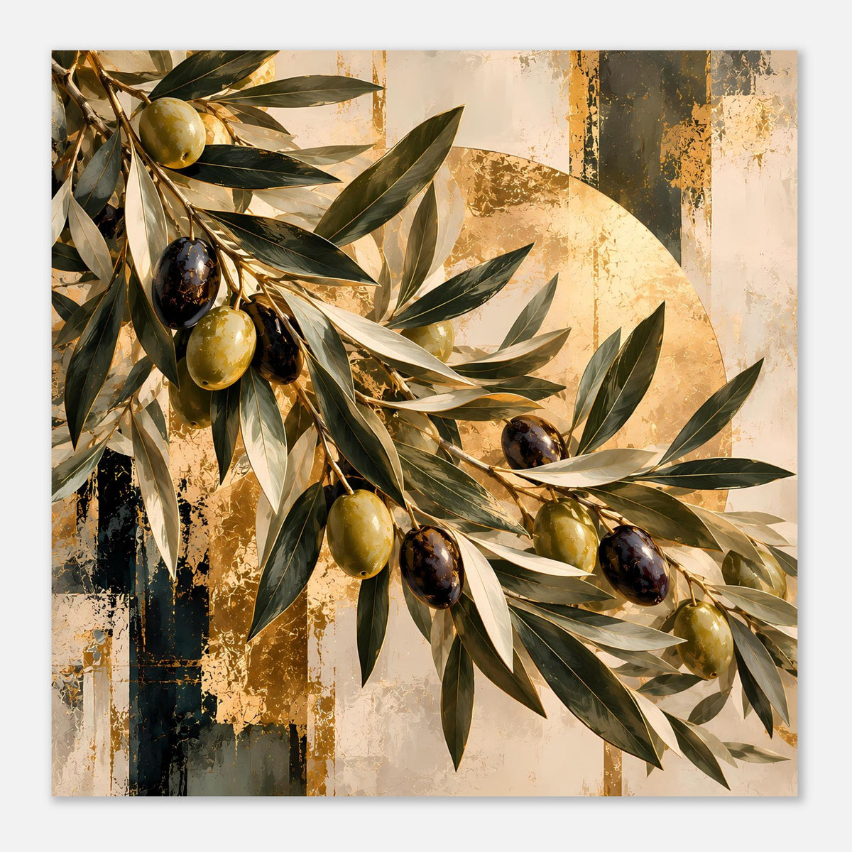 Kunstposter mit Olivenzweigen und Oliven in Grün, Gold und Dunkelbraun, rechteckig