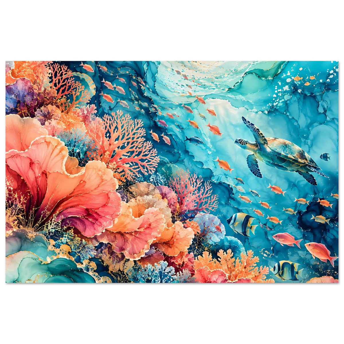 Unterwasserparadies-Poster mit Korallenriff und tropischen Fischen im Blau