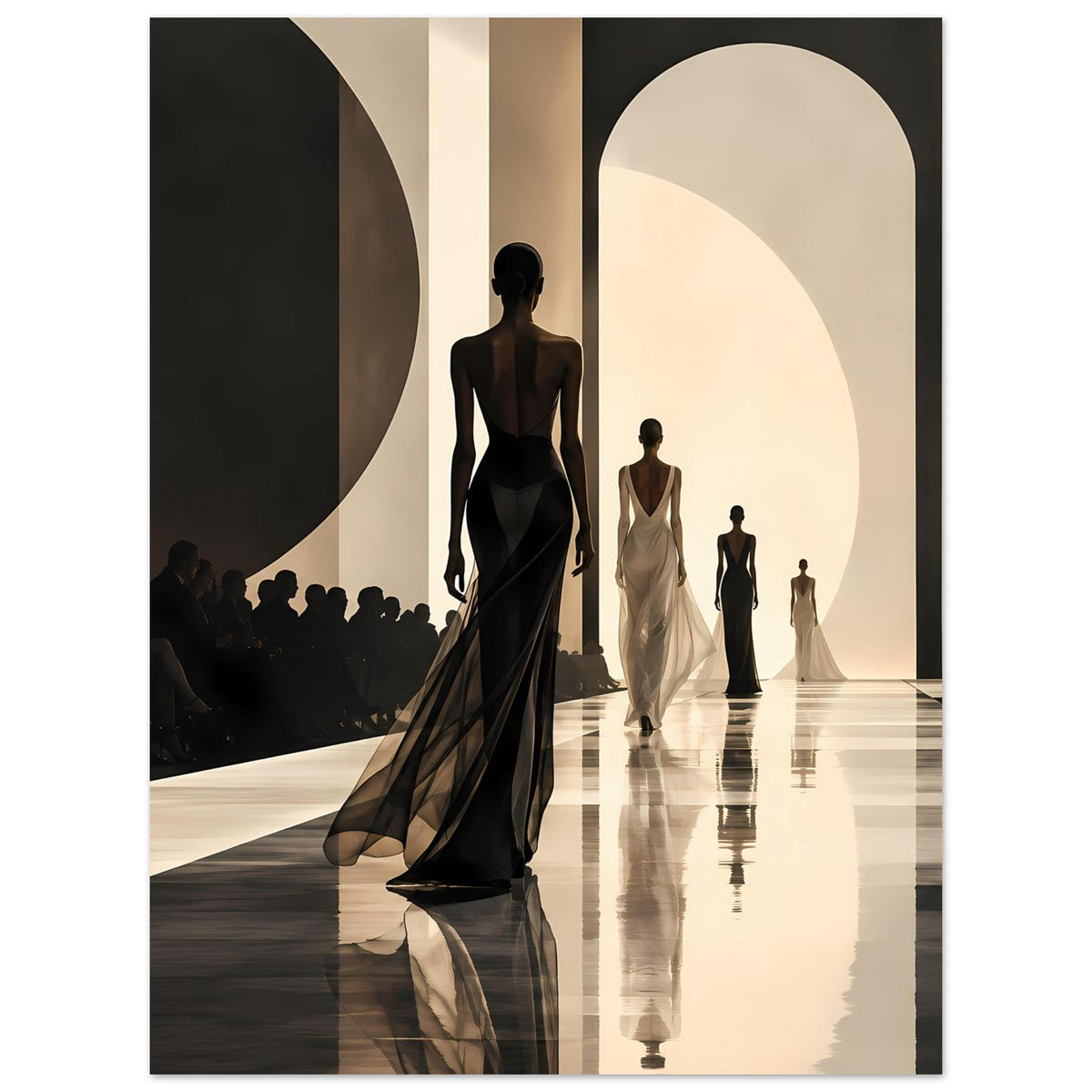 Poster: Laufsteg-Print mit schwarzen und beigen Model-Silhouetten, vertikal