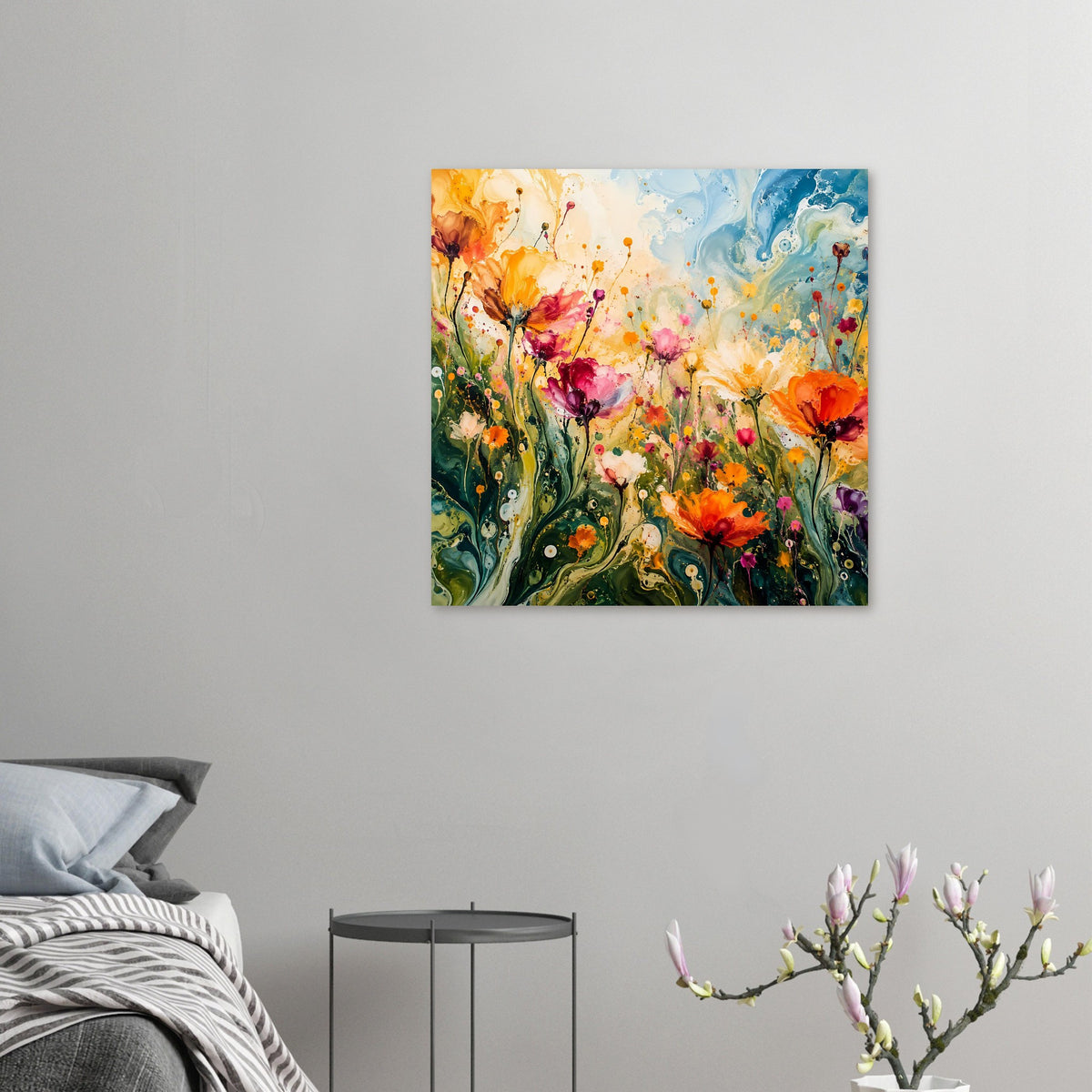Kleines abstraktes Blumenposter mit farbenfrohen Blüten und Spritzdekor, im Rahmen