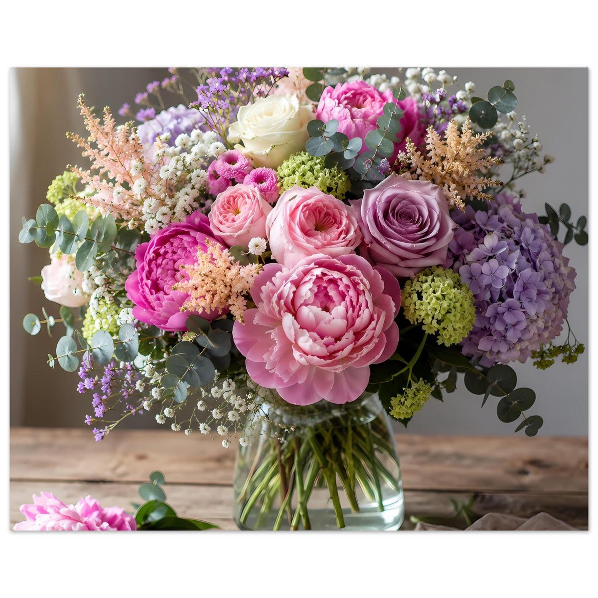 Blumenposter mit pastellfarbenen Rosen und Blüten in Glasvase, zentriert