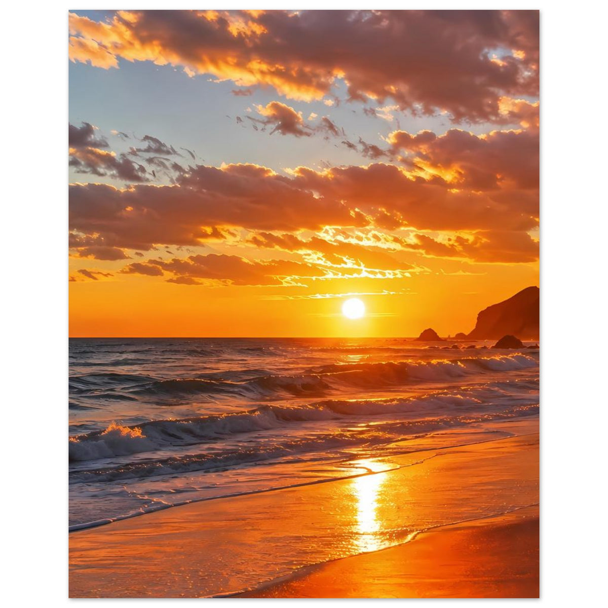 Poster im Hochformat: Sonnenuntergang über Wellen, goldener Lichtpfad am Ufer.