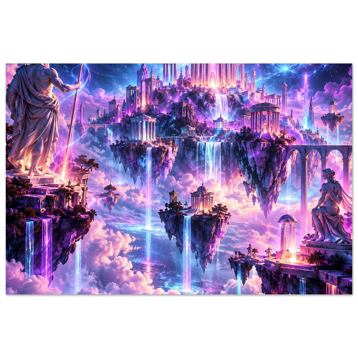 Fantasy-Poster im Querformat: Tempelstadt auf Inseln, Wasserfälle in Blau-Violett und Statue rechts