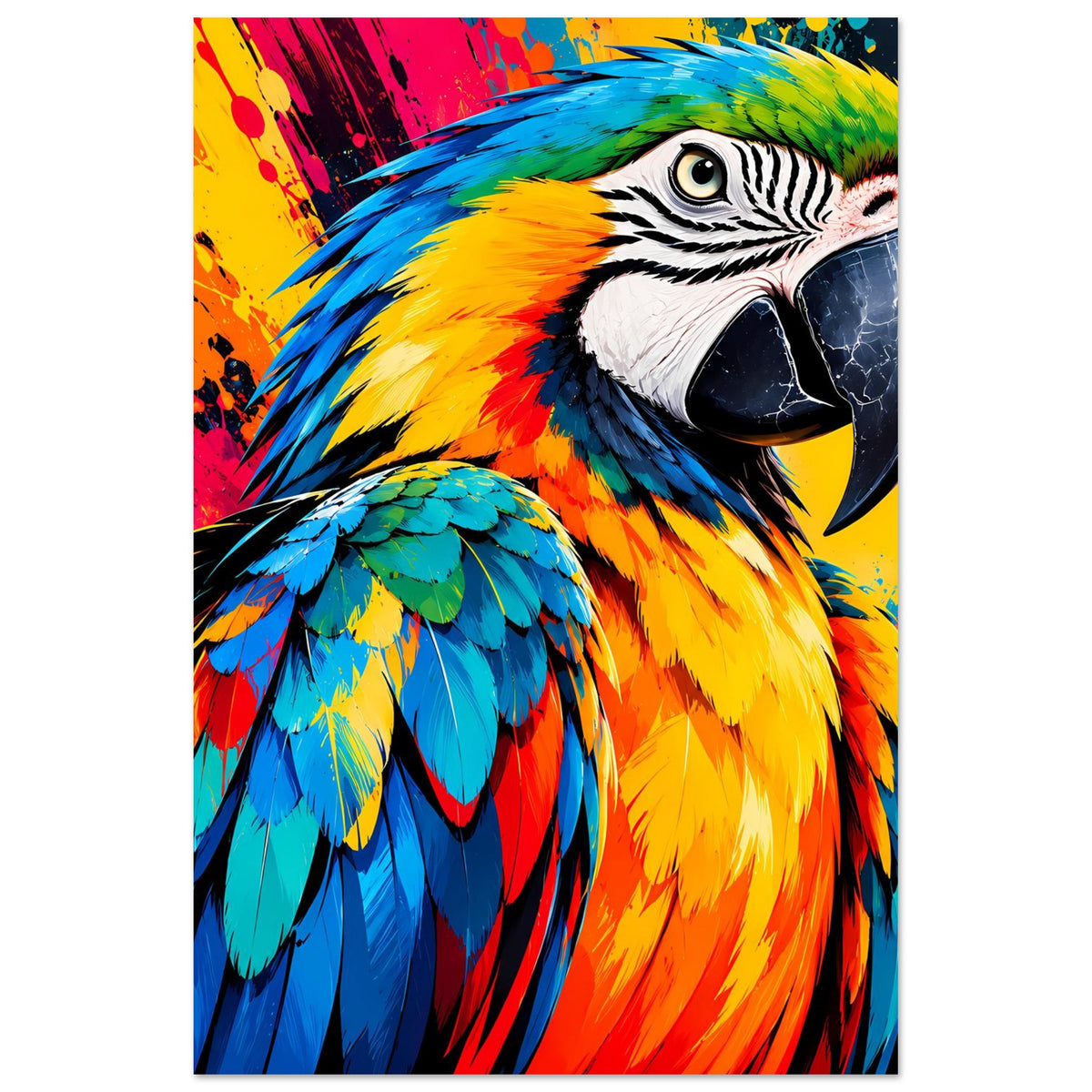 Buntes Papageien-Splash-Art Poster im Hochformat mit Gesicht und Flügeln
