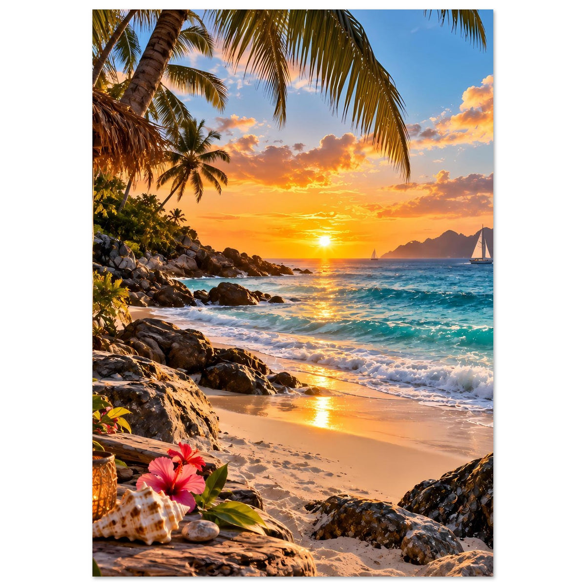 Strandposter im Hochformat mit Sonnenuntergang, Palmen, türkisfarbenem Meer und Felsenküste