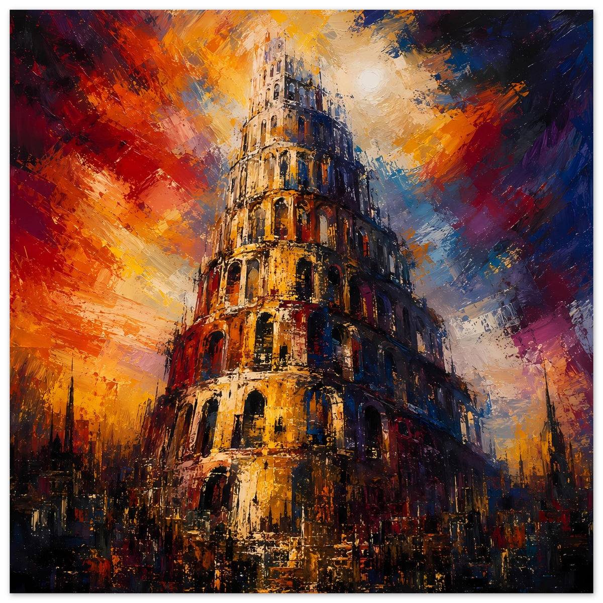 Poster mit Turm von Babel, kräftige Farbakzente und Gebäude-Details, vertikal