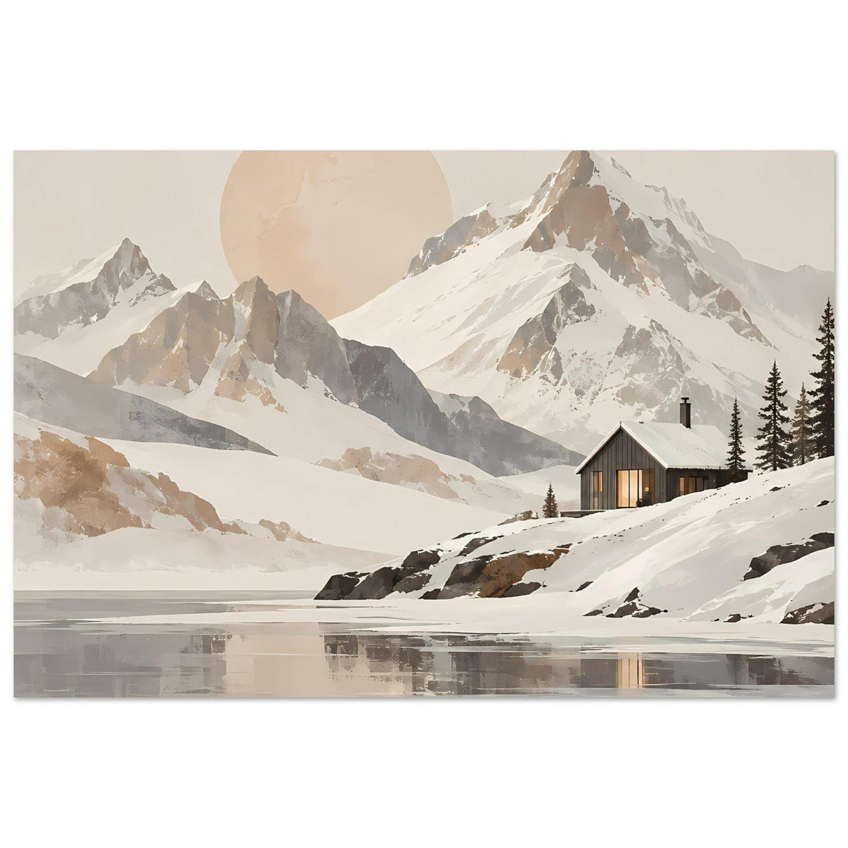 Wandposter mit Berggipfeln, Schneelandschaft, kleiner Hütte, Kreis am Himmel und Wasserreflexion
