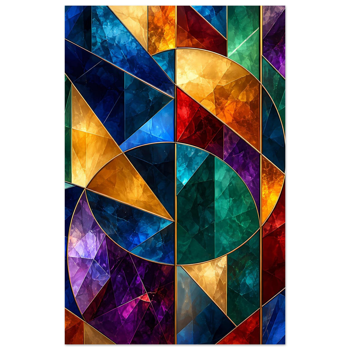 Vertikales Poster mit abstraktem Tiffany-Glas-Muster: große Bogenform in Blaugrün, Gold und Rot
