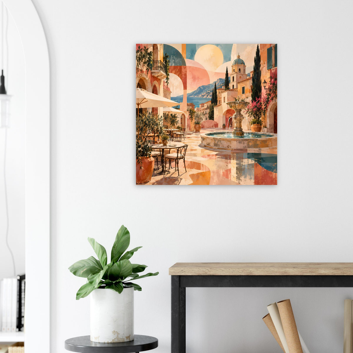 Quadratisches Wandposter mit mediterranem Innenhof und Brunnenbecken in warmen Farbtönen
