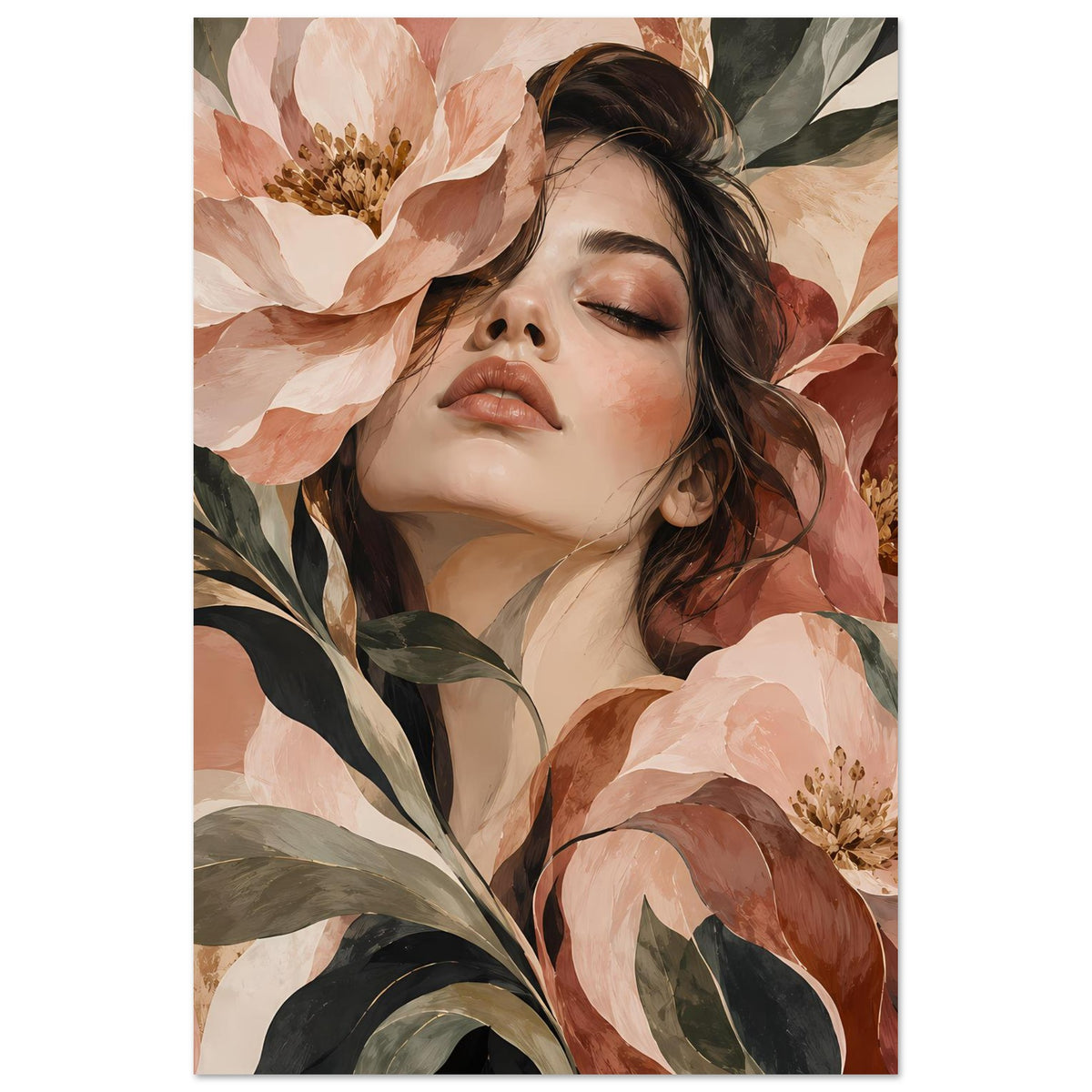 Poster im Hochformat mit Blumenportrait einer Frau, warmes Rosa-Beige und grüne Blätter.