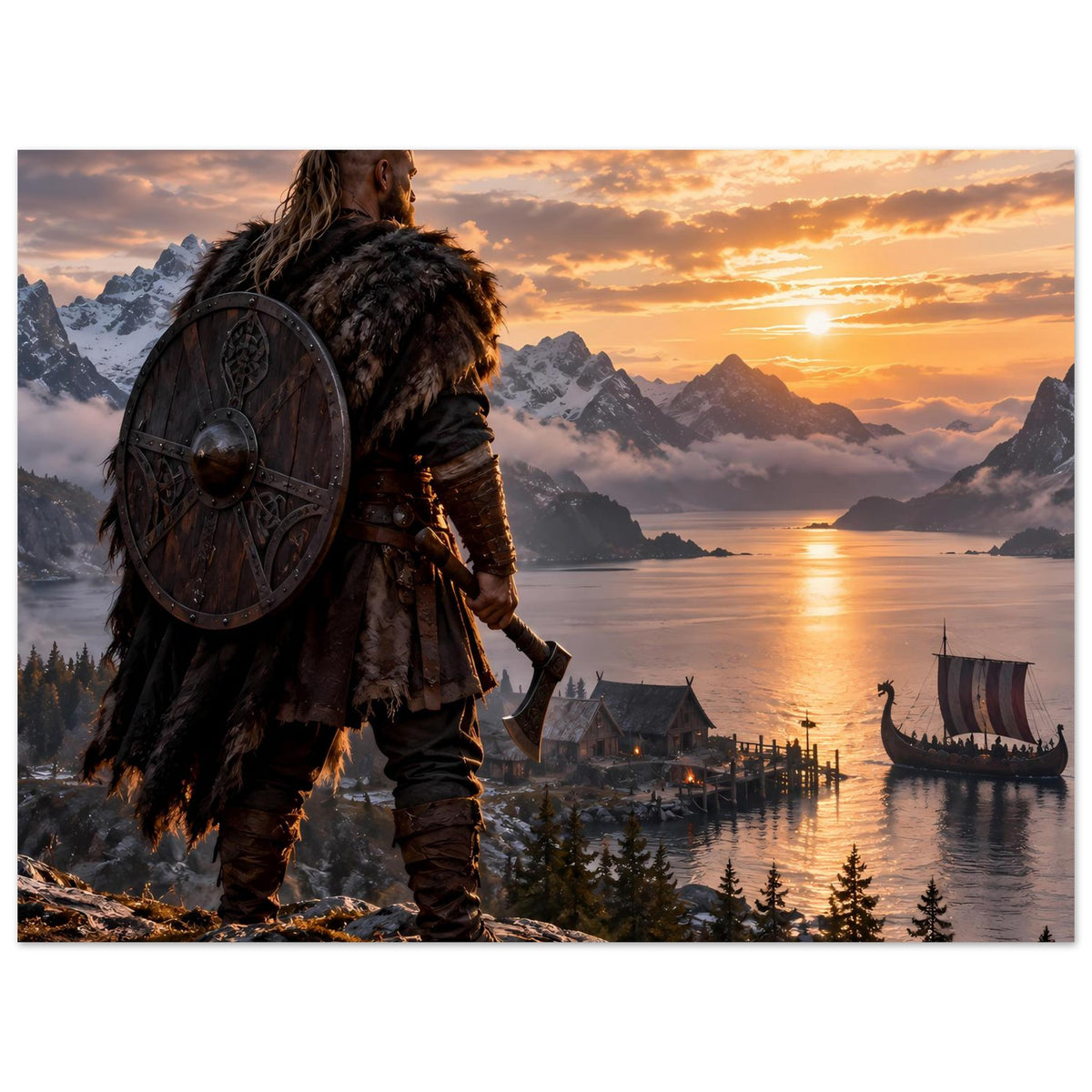 Vikingerposter: Krieger mit Rundschild, Häuser am Ufer und Langschiff im Fjord