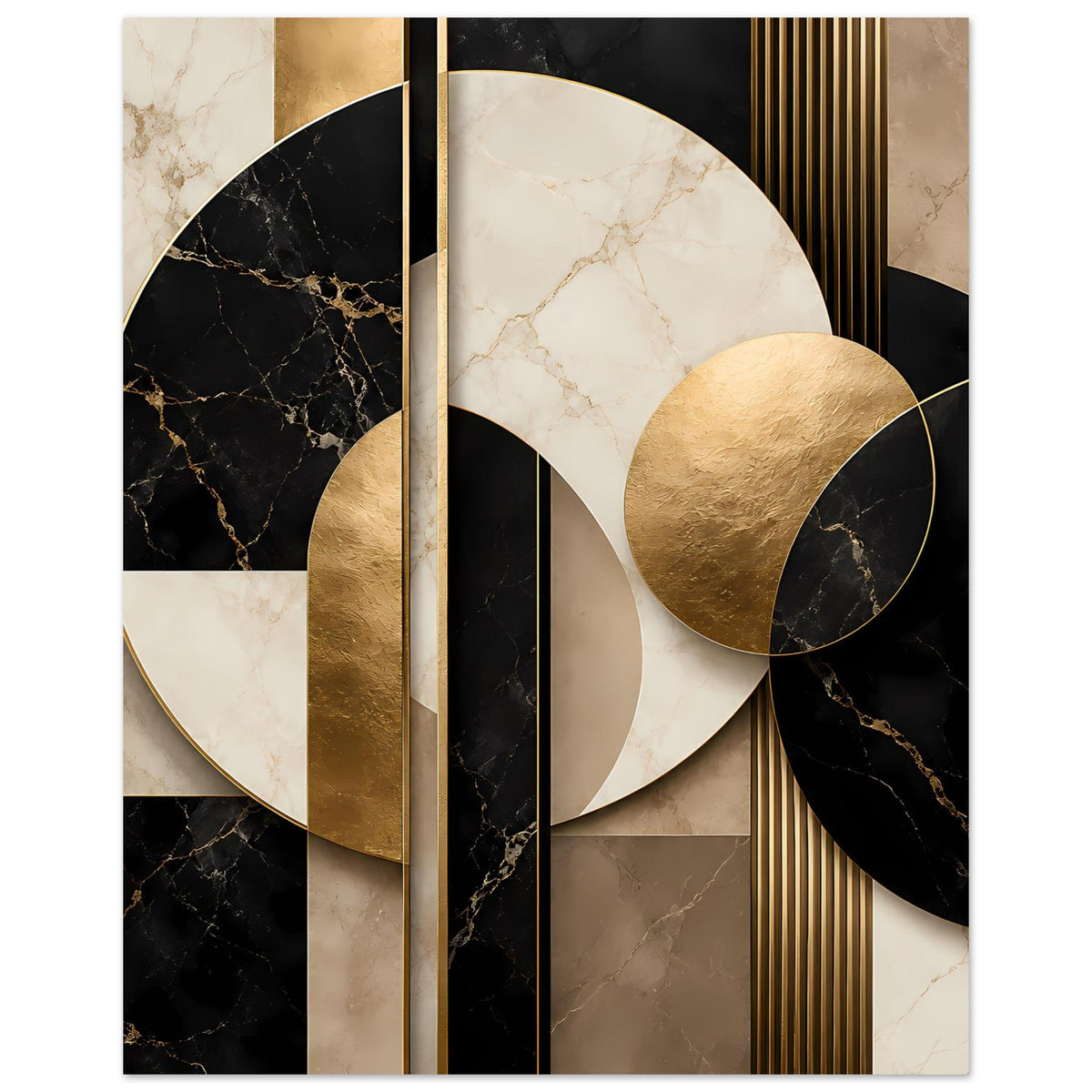 Geometrisches Poster mit goldener Kreisfläche, marmorierten Formen in Schwarz und Beige