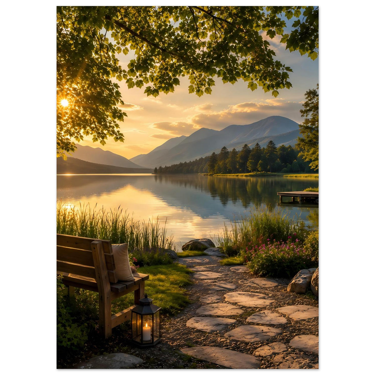 Poster mit Seelandschaft bei Abendlicht, Baumzweige oben, Bank, Laterne und Pfad
