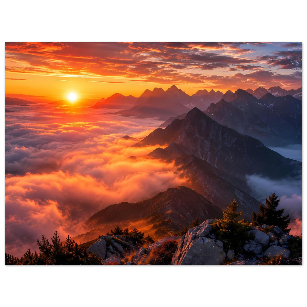 Wandposter im Querformat: Sonnenuntergang über Bergkämmen, Wolkenmeer und Felsen im Vordergrund.