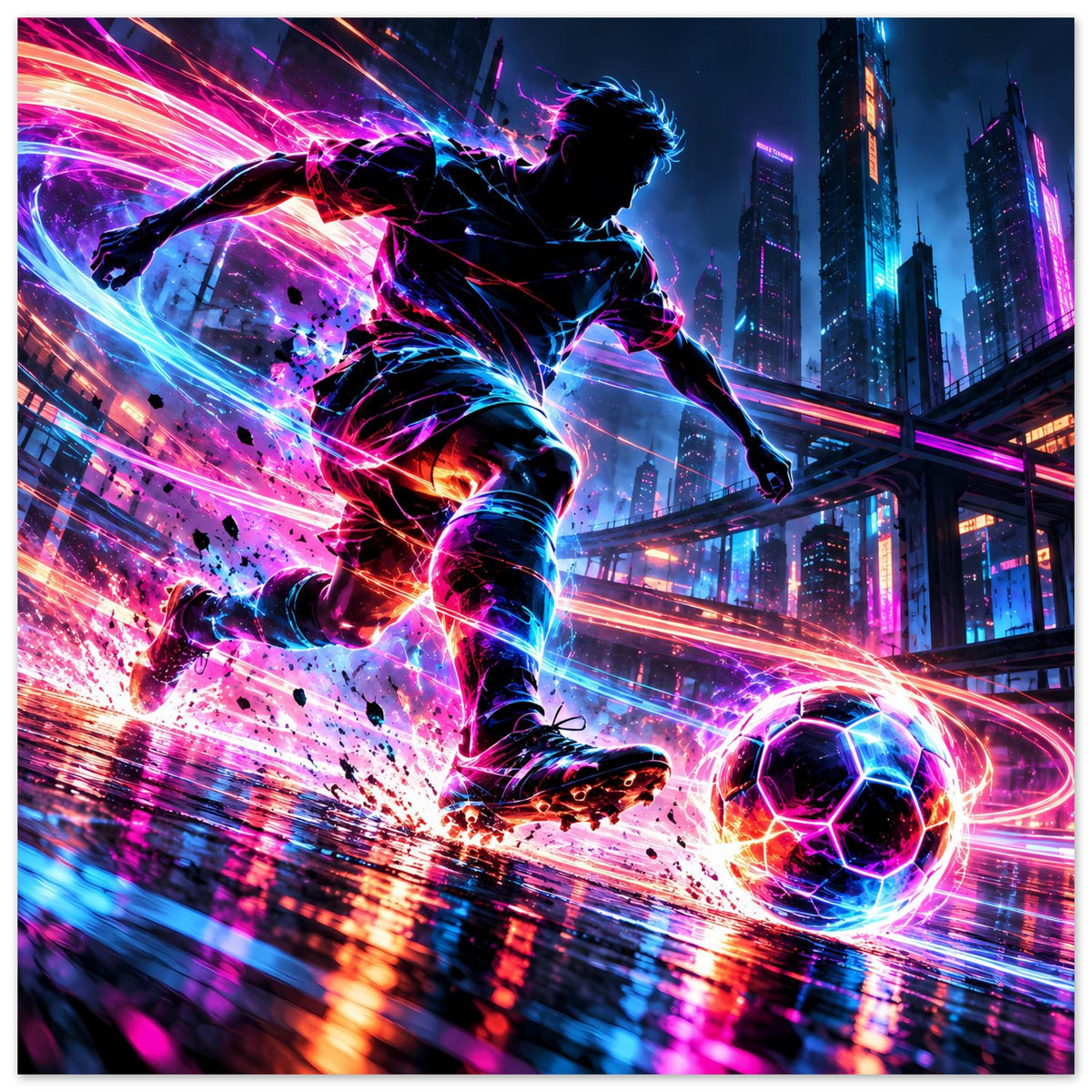 Neon-Fußball-Actionposter: Spieler tritt den Ball, kräftige Neonbahnen, futuristische Skyline