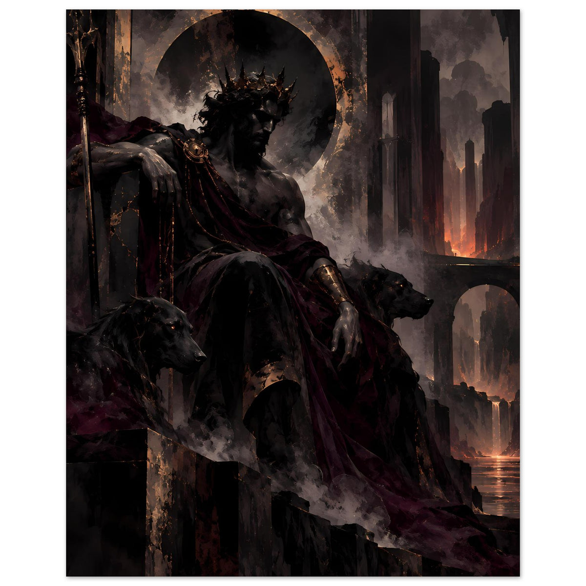 Dark-Fantasy-Poster: Ritter in schwarzem Umhang, Mondscheibe und Rauch vor der Stadt