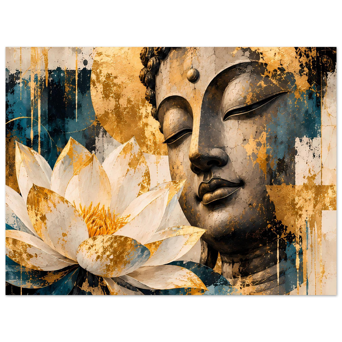 Querformat-Poster: Buddha-Gesicht neben weißer Lotusblüte, goldene Punkte und Tealflächen.