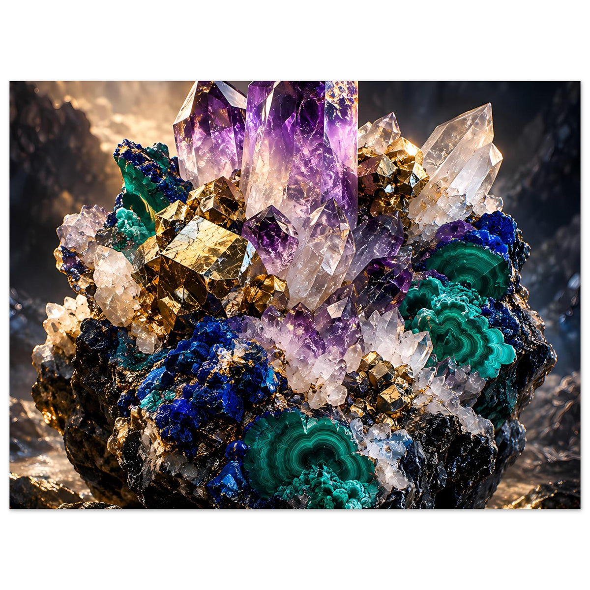 Kristallposter im Querformat mit violetten Amethyst- und grünen Malachitkristallen, farbintensive Details