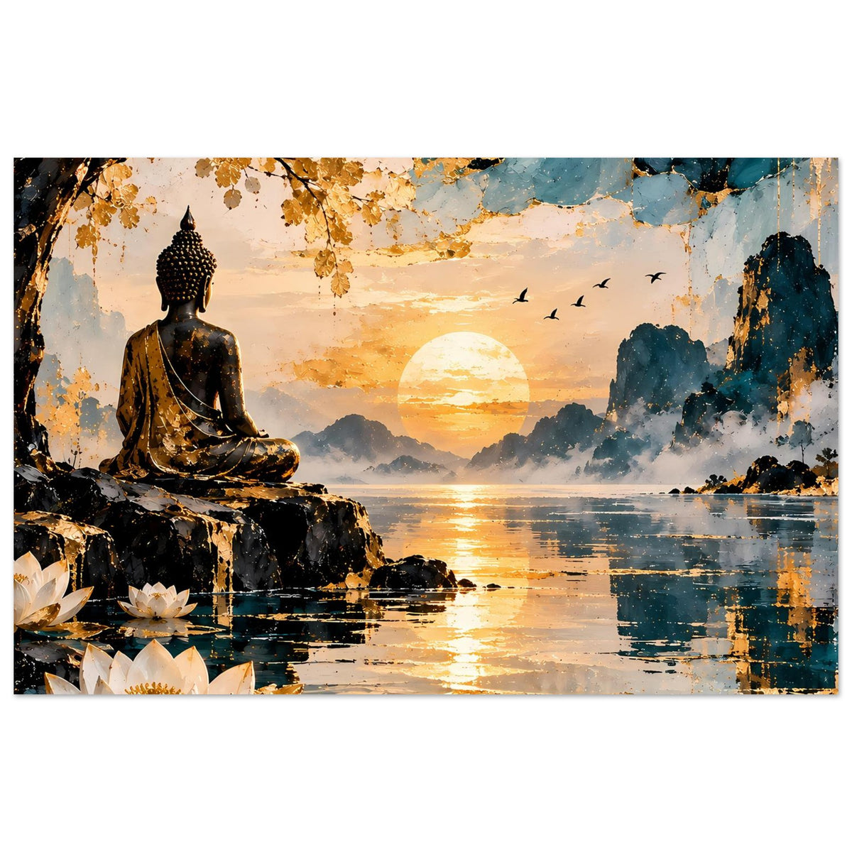 Zen-Poster mit sitzendem Buddha, blauen Bergen im Hintergrund und Sonnenreflexen im Wasser