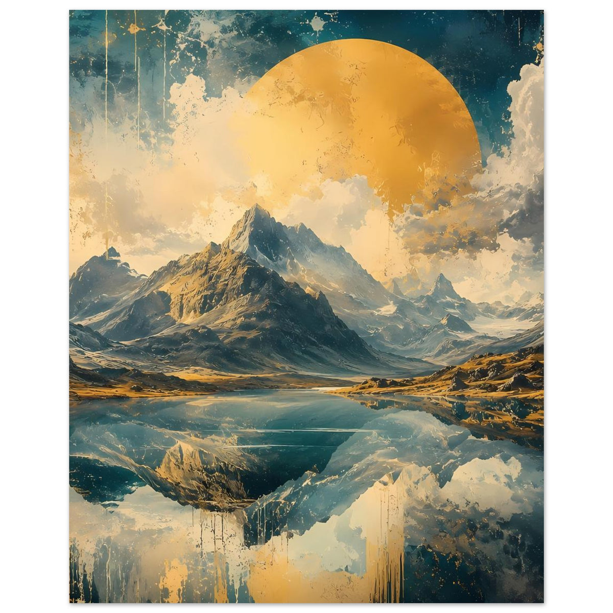 Wandposter mit Berglandschaft, goldener Sonne im Hintergrund und klaren blauen Highlights