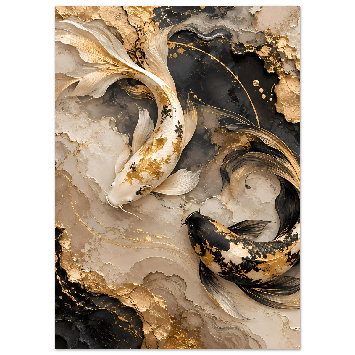 Kunstposter: goldene Koi-Fische mit schwarzen Schuppen, umrankt von feinen goldenen Linien
