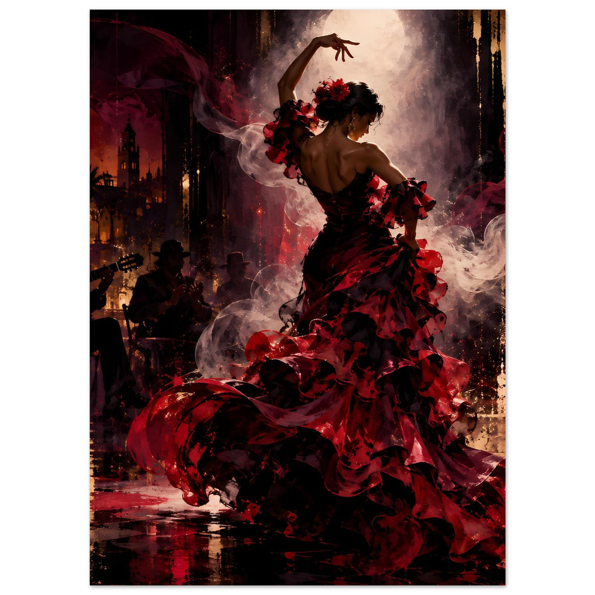 Poster mit Flamenco-Tänzerin im schwarzen Kleid mit roten Rüschen und ausgestrecktem Arm