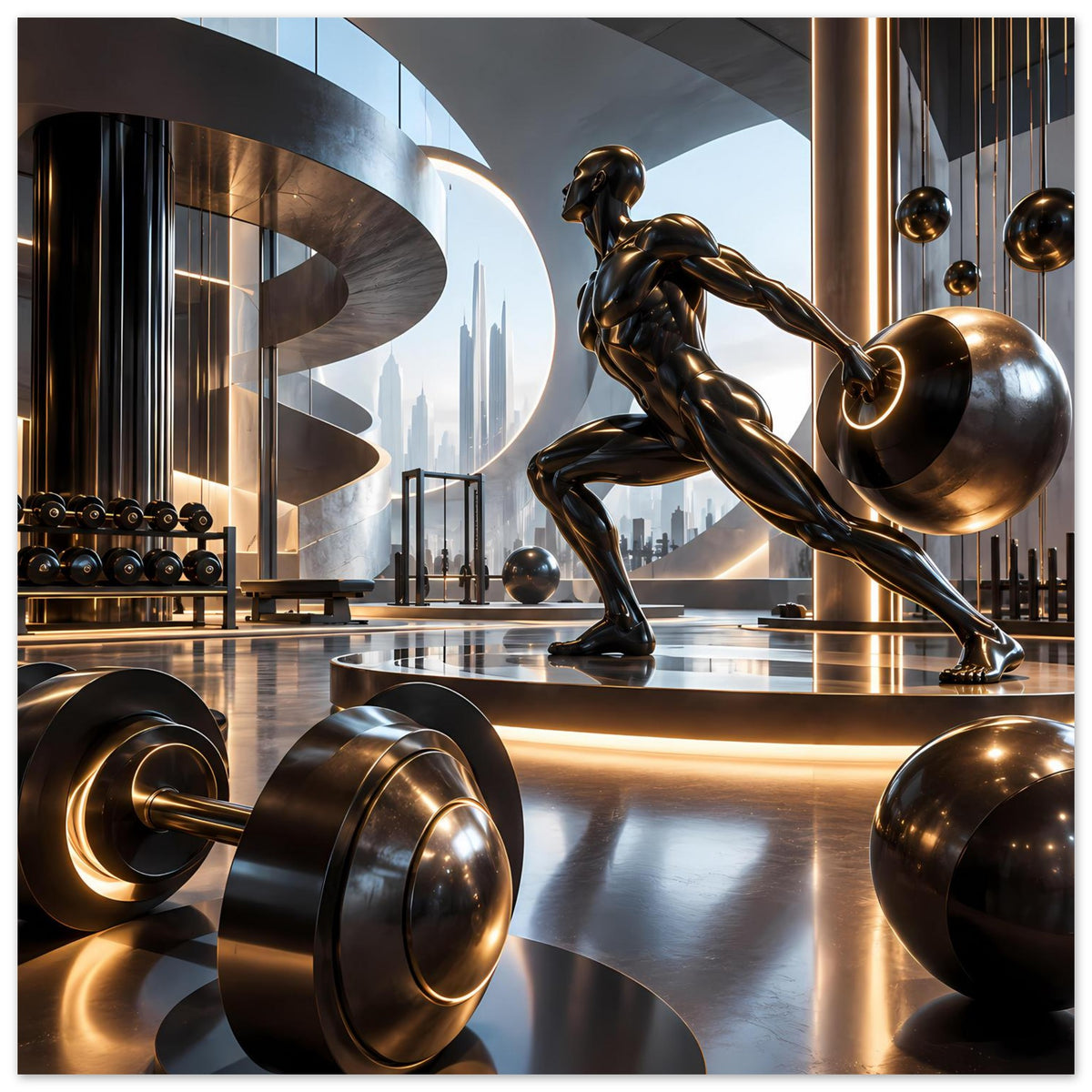 Fitness-Poster, scharfer Ausschnitt: Bronze-Sportlerin, schwere Hantelscheiben und Geräteteile