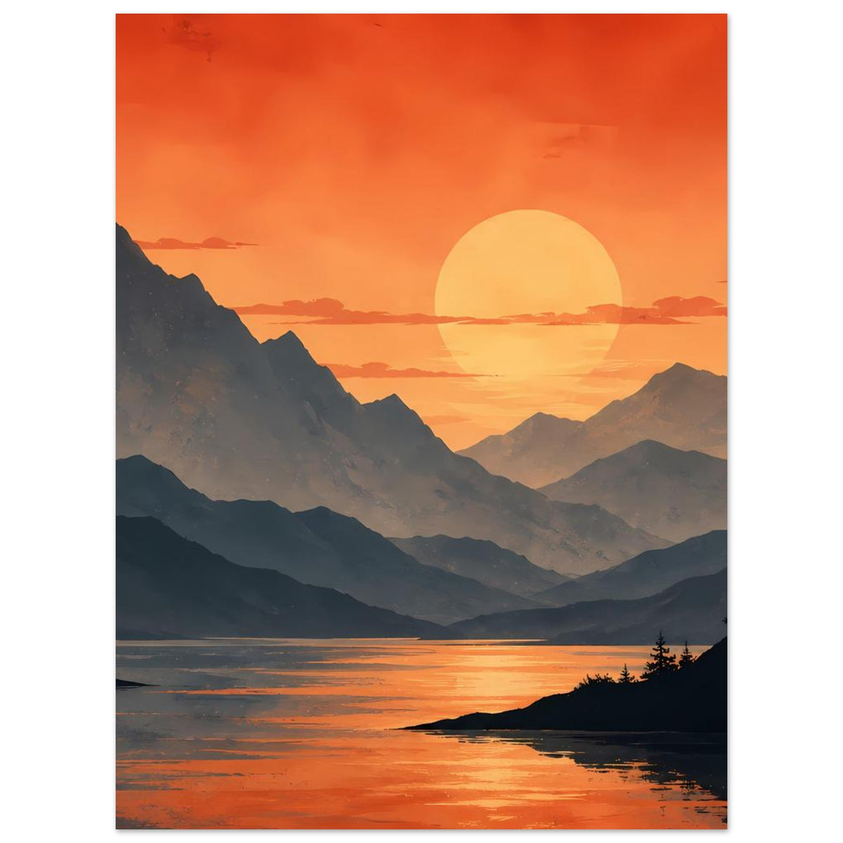 Wandbild: orangefarbener Sonnenuntergang über Bergsee mit dunklen Bergsilhouetten