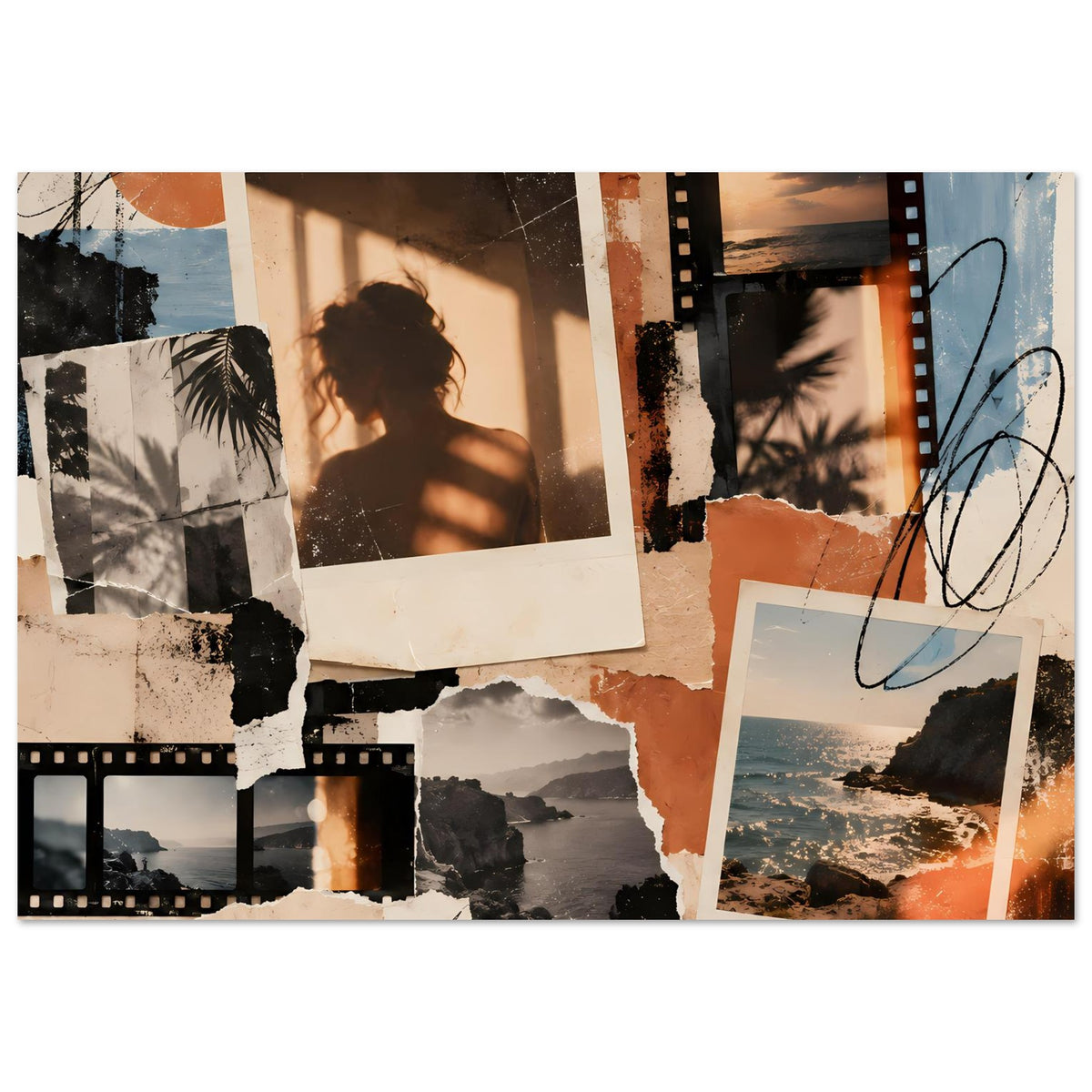 Vintage Collage-Poster mit mehreren Fotos, Filmstreifen, orange-blauen Akzenten
