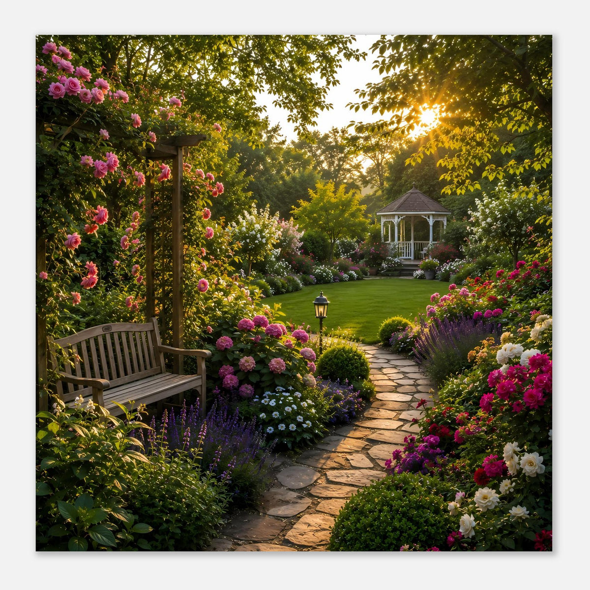 Horizontales Gartenposter mit Blumenpfad, Pavillon und beleuchtetem Gartenweg
