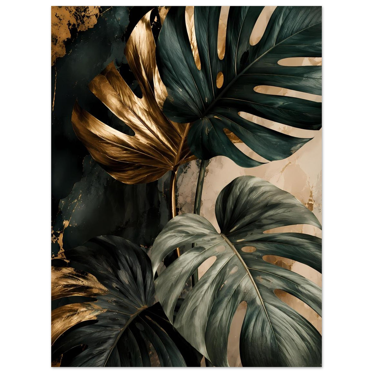 Poster mit Monstera-Blättern in Dunkelgrün und Goldakzenten, mit abgerundeter Blattanordnung.
