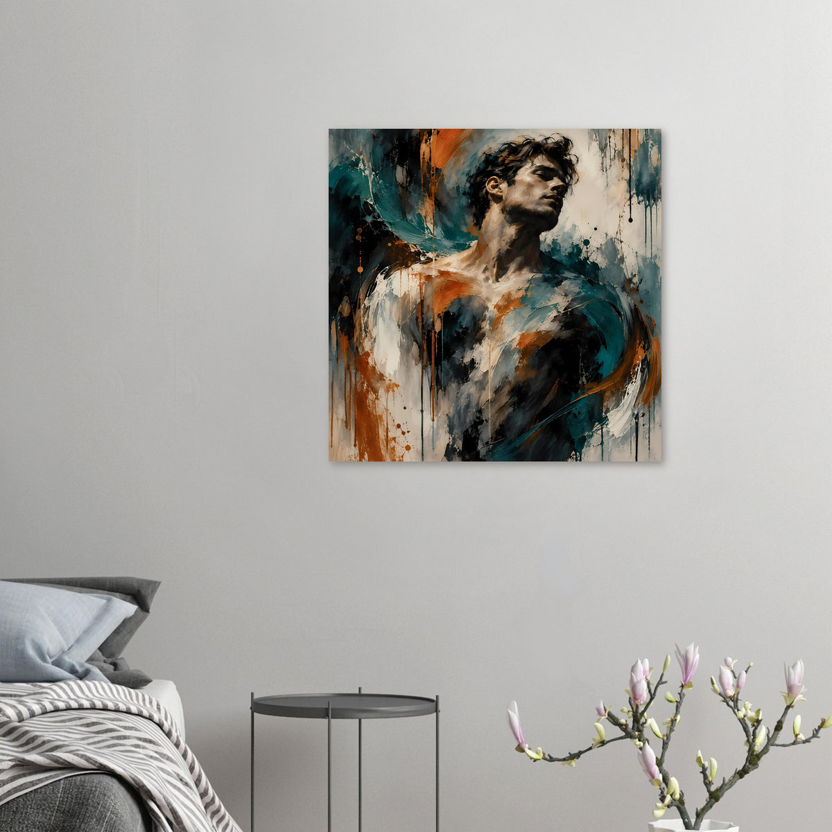 Kunstposter mit expressionistischem Porträt eines Mannes, reduziertem Bildausschnitt, Petrol