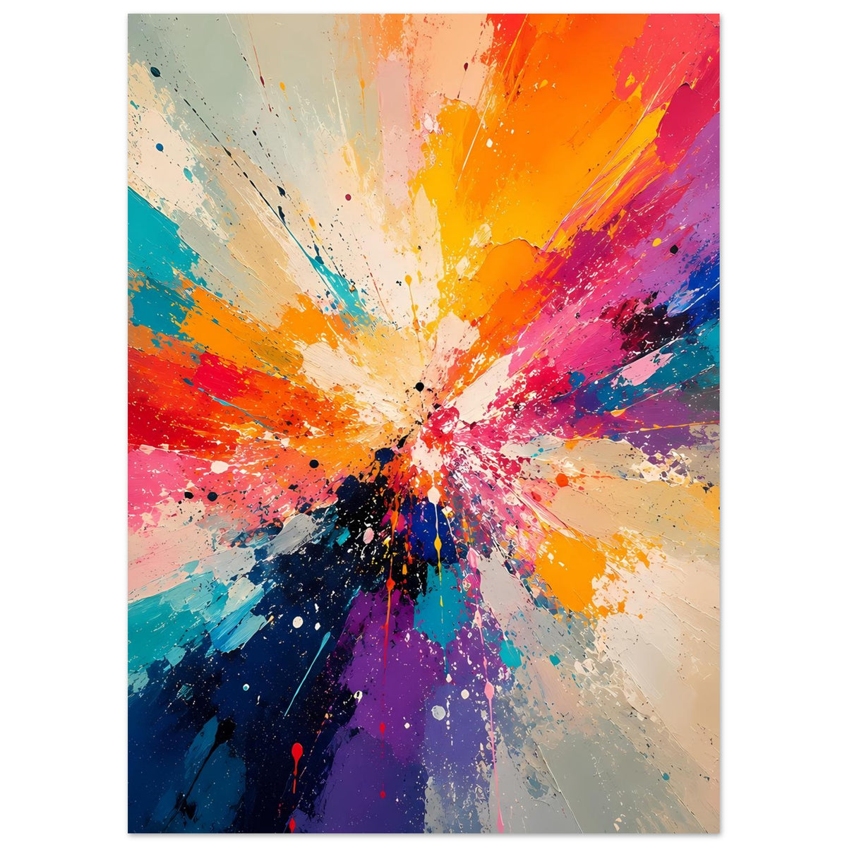 Abstraktes Kunstposter im Hochformat mit strahlenförmigem Farbenwirbel und Sprühpunkten