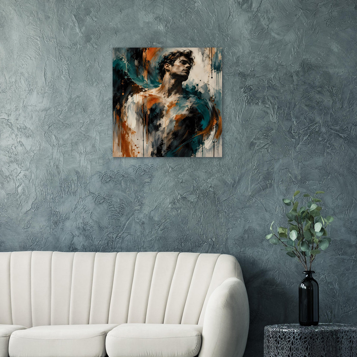 Kunstposter mit Männerporträt in Petrol und Rostorange auf blau strukturierter Wand
