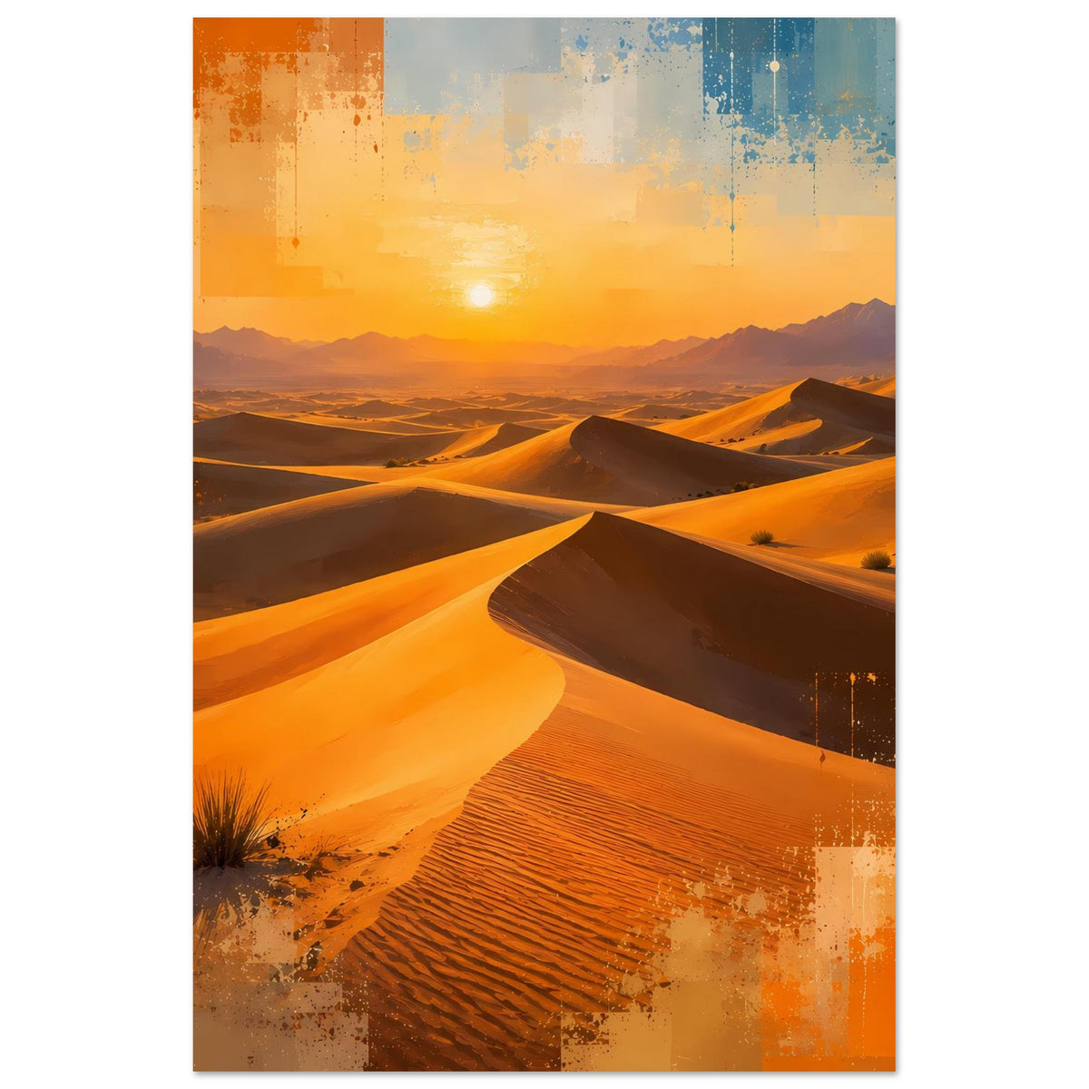 Vertikales Poster der Wüste: Dünen mit Sonnenuntergang, warmes Farbschema, strukturierte Optik