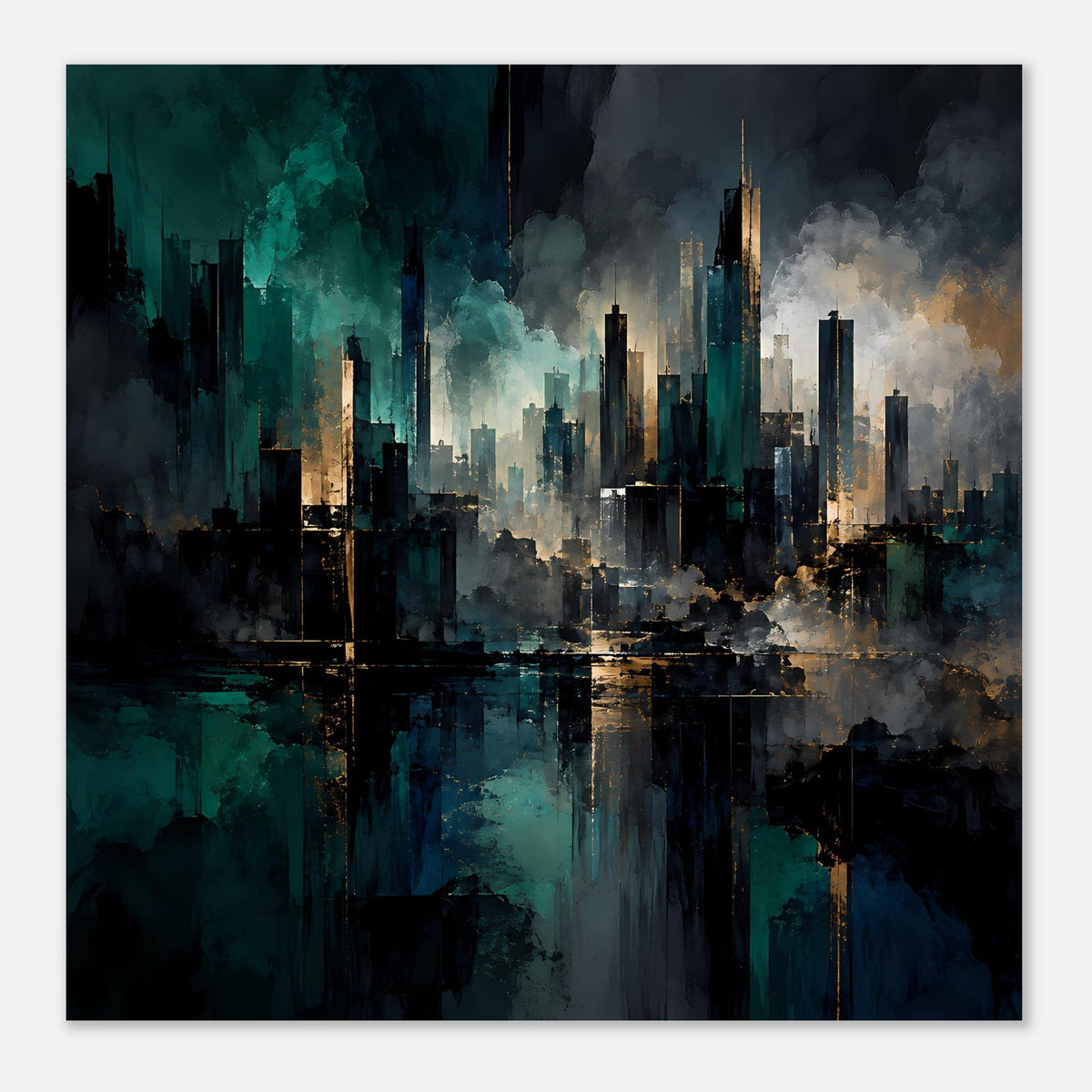 Abstraktes Skyline-Poster mit Nebel und Spiegelung, Blaugrün & Gold, Querformat