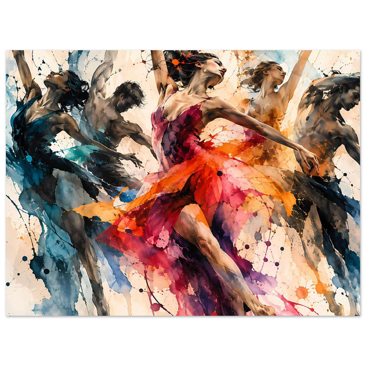 Breites Tanzkunst-Poster: tanzende Frauen, buntes Tutu und abstrakte Spritzer