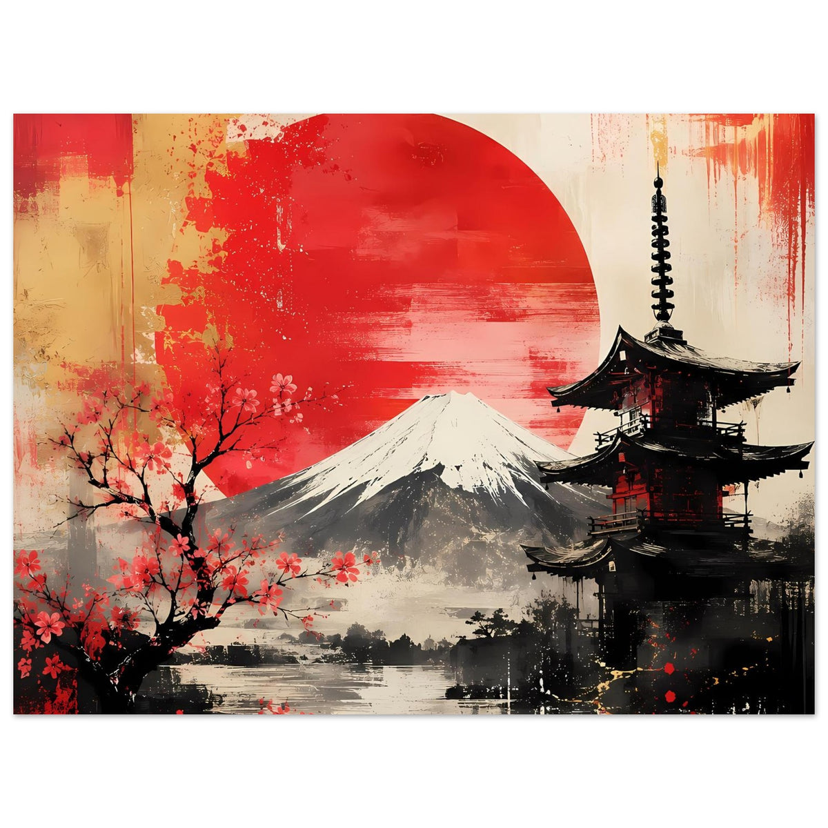 Poster mit Fuji und Pagode rechts, roter Sonne im Hintergrund, Kirschblüten im Bild