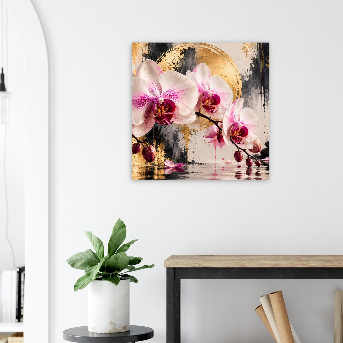 Orchideen-Poster mit goldener Bogenform, rosafarbene Orchideenblüten und farbige Sprenkel