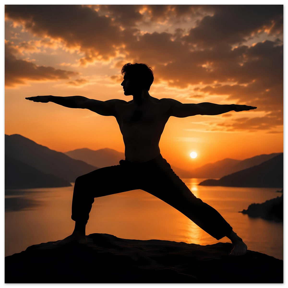 Yoga-Kriegerpose-Poster: breite Ansicht der Silhouette, Sonne tiefer Horizont über Wasser