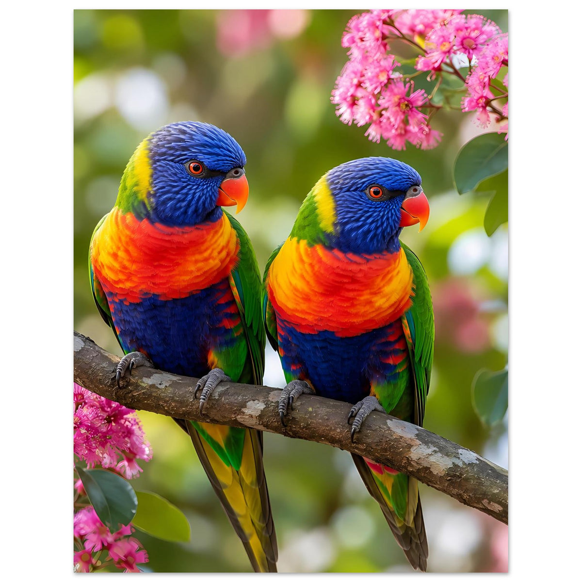 Poster: zwei Regenbogen-Lorikeets auf Ast, rosa Blüten und Zweige, leicht angeschnitten