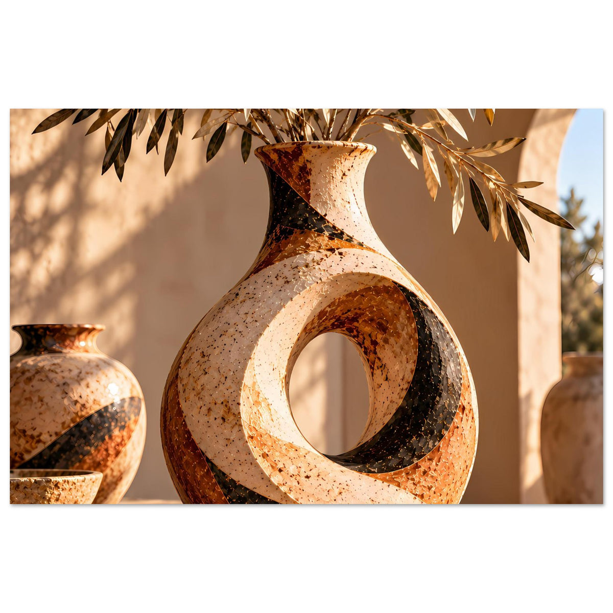 Keramikvase in Beige-Braun mit speckiger Oberfläche und ovalem Ausschnitt