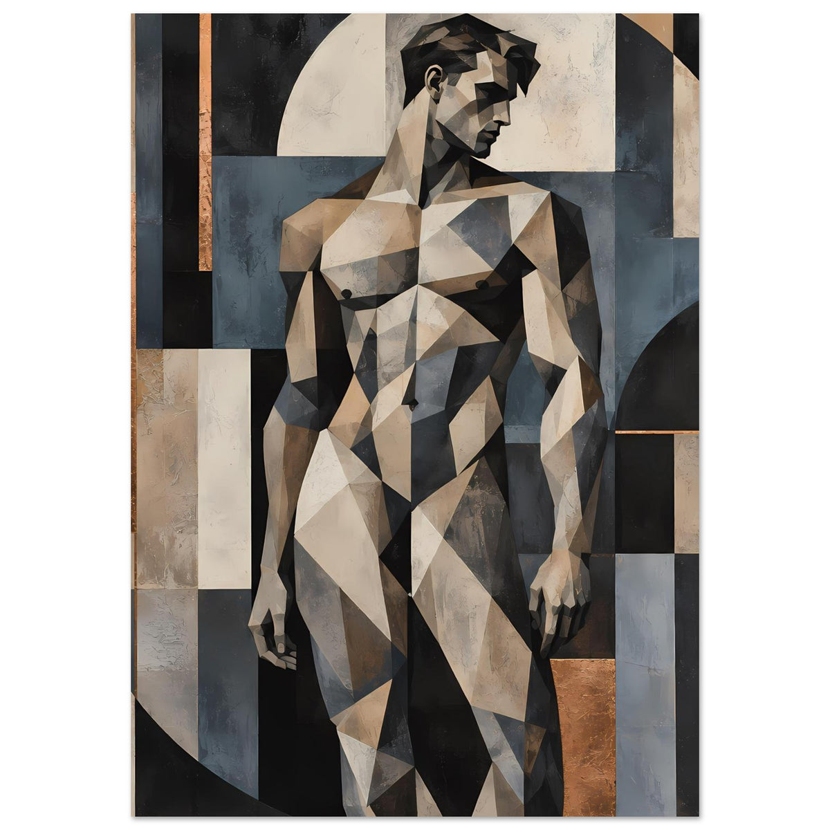 Kunstposter mit geometrischer Aktfigur, polygonale Frau in Beige, Grau und kühlen Blautönen